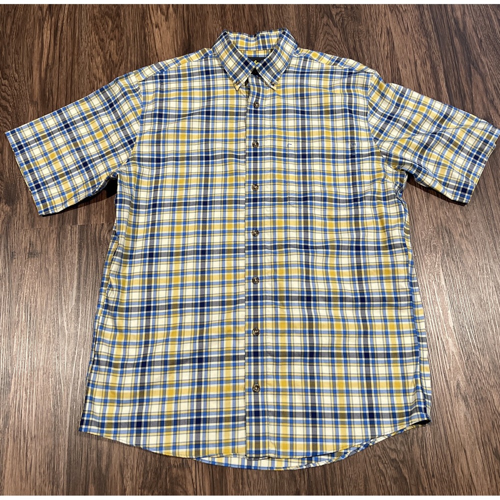 Cabela's Men L Tall Yellow Plaid Shirt Button Down Short Sleeve